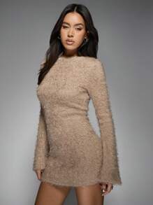 MISSGUIDED Fluffy Knit Long Sleeve Scoop Neckline Mini Dress - Brown - View 5