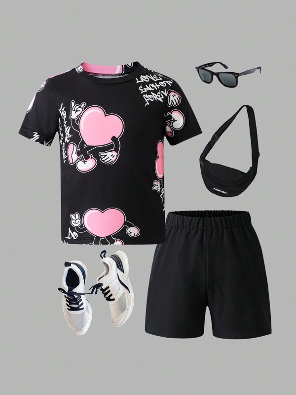 Young Boy Heart Print Round Neck Short Sleeve Top And Shorts Set, Minimalist