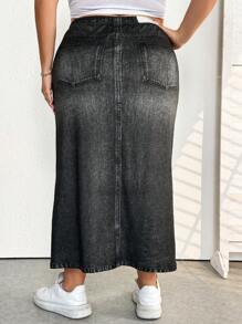 SHEIN CURVE+ Plus Size Women's Denim Effect Effect Printed Skirt (Not Real Denim) - Black - View 2