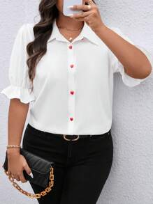 SHEIN LUNE Plus Size Women Heart Print Casual Loose Blouse, Versatile For Spring And Summer