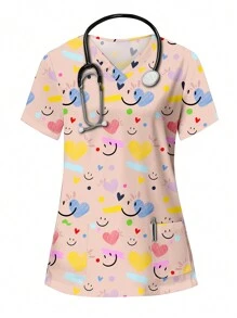 PopScrub 情人节简单可爱彩色爱心与笑脸印花女士 V 领短袖口袋护士/医生手术服上衣套装手术服套装护士连衣裙手术服上衣手术服下装实验室外套手术服外套印花 V 领磨砂手术服上衣，休闲短袖工作服，女式甜心 V 领褶皱衬衫，女式短袖 V 领护士手术服衬衫，带 2 个口袋，柔软弹力褶皱图案 T 恤 - 彩色 - 查看 1