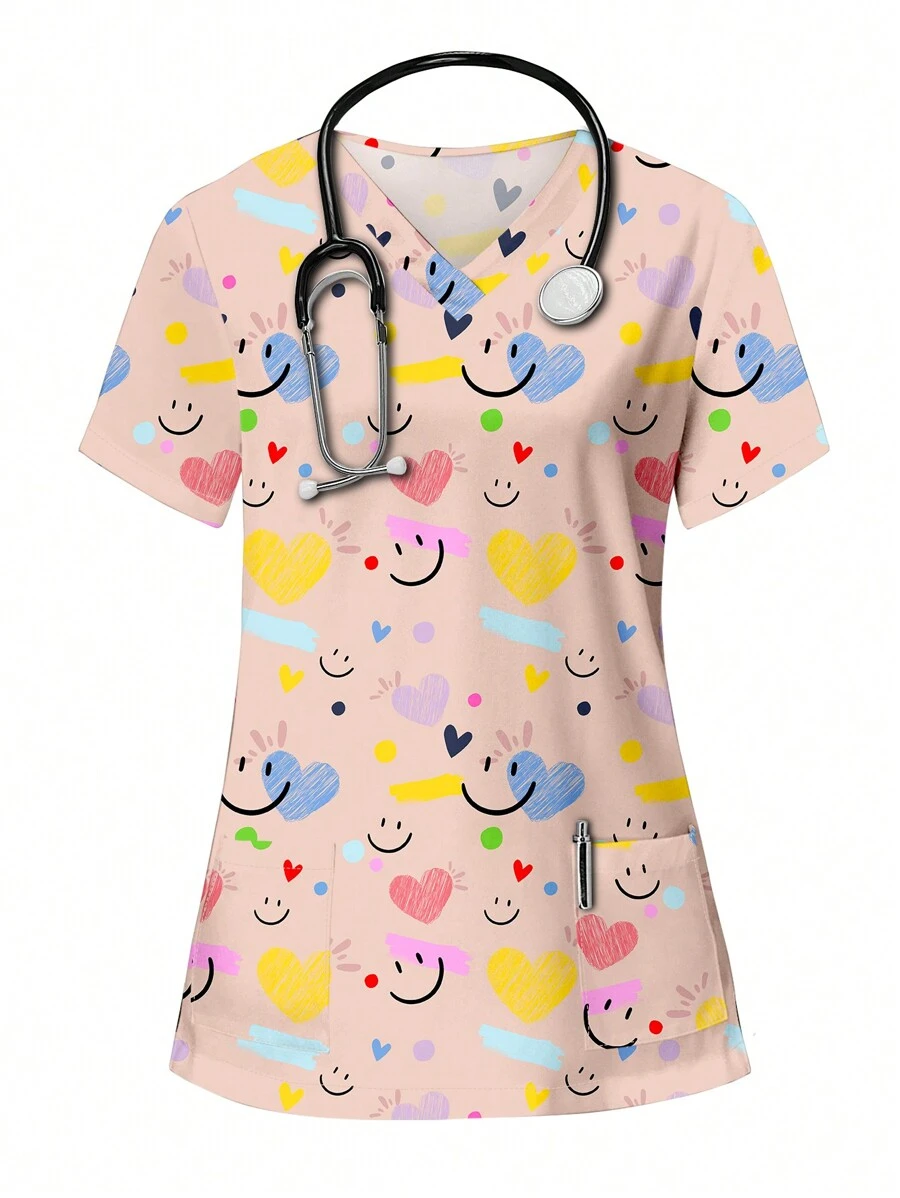 PopScrub 情人节简单可爱彩色爱心与笑脸印花女士 V 领短袖口袋护士/医生手术服上衣套装手术服套装护士连衣裙手术服上衣手术服下装实验室外套手术服外套印花 V 领磨砂手术服上衣,休闲短袖工作服,女式甜心 V 领褶皱衬衫,女式短袖 V 领护士手术服衬衫,带 2 个口袋,柔软弹力褶皱图案 T 恤 - 彩色 - 查看 1