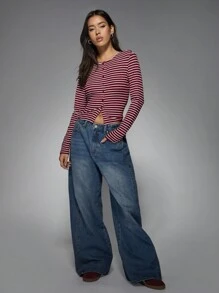 MISSGUIDED 修身罗纹纽扣前襟长袖露脐上衣，经典航海条纹，休闲周末必备，秋冬春季叠穿单品，圣诞节适用 - 紅色 - 查看 6