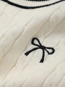 DAZY 短袖针织上衣，撞色饰边，蝴蝶结刺绣 - 白色 - 查看 3