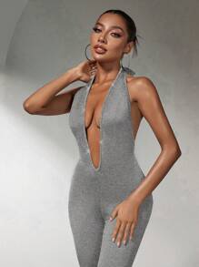 SHEIN SXY 秋季女装；连体衣深 V 领水钻女式黑色紧身衣；适合秋季休闲约会、聚会、活动 - 灰色 - 查看 7