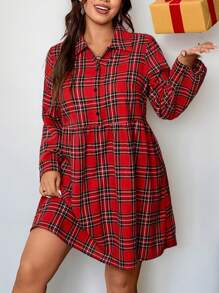 SHEIN EZwear 圣诞节女士加大码格子宽松舒适衬衫裙、圣诞节和休闲装 - 紅色 - 查看 3