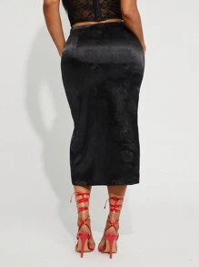 SHEIN SXY 黑色复古中国风织锦缎高开叉修身裙，新年派对/聚会 - 黑色 - 查看 2