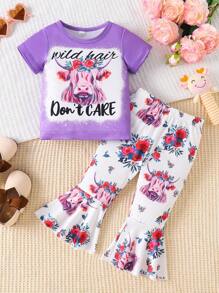 2pcs Baby Girl Fashion Short Sleeve Funny Cow Print Top And Flare Pants Set, Summer - Multicolor - View 1