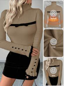 Chiquease 女士高领荷叶边纽扣装饰长袖针织套头毛衣，饰有蝴蝶结，秋冬保暖内衬 - 杏色 - 查看 1