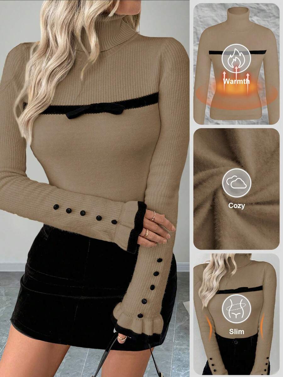 Chiquease 女士高领荷叶边纽扣装饰长袖针织套头毛衣，饰有蝴蝶结，秋冬保暖内衬 - 杏色 - 查看 1