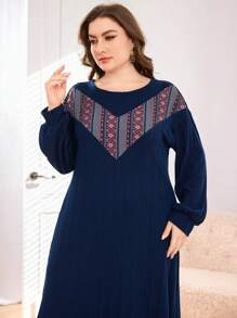 Mulvari Plus Size Casual Loose Fit Patchwork Pattern Fashionable Commuter Dress Maxi Women Outfit - Navy Blue - View 4