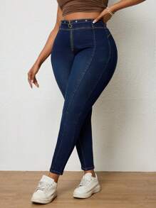 SHEIN SXY Plus Size Women Distressed High Waist Denim Jeggings - Blue - View 3