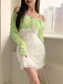 DAZY Women Off Shoulder Cover Up & Mid-Length Dress 2 Pieces Dress Set,Mini Dress - White - View 2