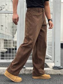 Manfinity Homme American Corduroy Washed Utility Pants For Men, High-End Casual Loose Straight Leg Trousers, Japanese Style Men Wide Leg Parts