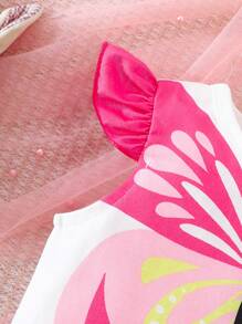 SHEIN 女婴春夏优雅款式，蝴蝶图案无袖上衣和网眼短裙 - 粉色 - 查看 5