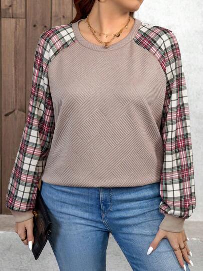 SHEIN LUNE Plus Size Round Neck Plaid Splicing Long Sleeve Sweatshirt Valentine's Day