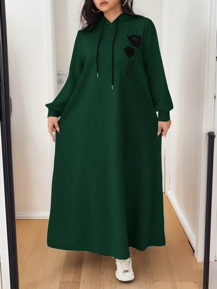 Mulvari Plus Size Casual Drawstring Hoodie Dress For Autumn - Dark Green - View 1