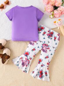 2pcs Baby Girl Fashion Short Sleeve Funny Cow Print Top And Flare Pants Set, Summer - Multicolor - View 2