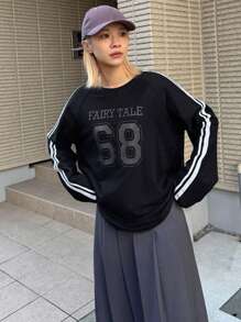 FRIFUL 女式秋季休闲拼色条纹字母和数字印花 T 恤，图案 T 恤长袖女式上衣 - 黑色 - 查看 3