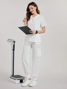 TaskEZ Effen kleur V-hals korte mouw top en broek verpleegkundig scrub uniform set
