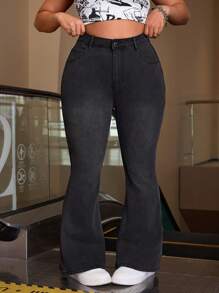 SHEIN ICON Plus Size Flared Washed Denim Pants - Black - View 5