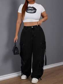 SHEIN SXY Pantalones vaqueros de talle medio y corte holgado con múltiples bolsillos para talla grande - Negro - Ver 6
