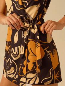 CAJUNI 女士波西米亚风印花无袖西装领裹身系带黑色短款连体裤，夏季休闲度假连体衣 - 彩色 - 查看 5