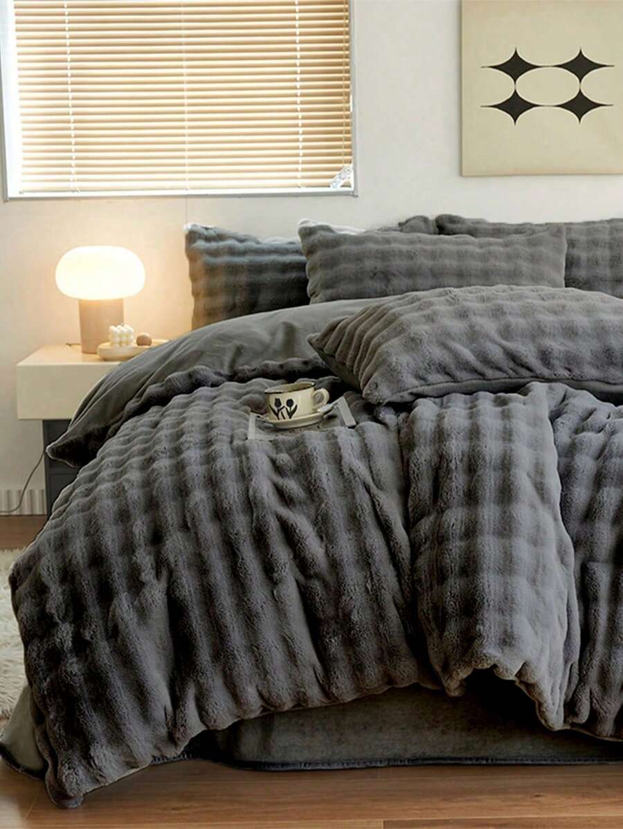 3 件套木炭绒毛绒羽绒被套，柔软温暖的卧室床上用品，可机洗 - 深灰色 - 查看 1
