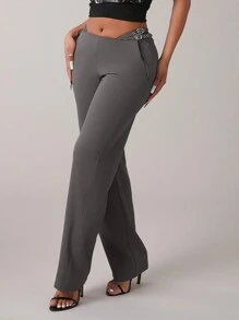 SHEIN SXY 女士灰色纯色通勤休闲/办公装/老款风格/时尚出游/秋冬保暖羊毛斜纹直筒裤/冬季女裤；秋季女装；办公装女士；新款直筒低腰休闲个性侧腰双扣装饰西装裤