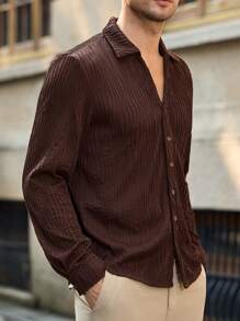 Manfinity Basics Áo sơ mi dài tay cổ bẻ dệt kim Jacquard thường ngày cho nam, phù hợp cho mùa thu - màu nâu - Xem 4