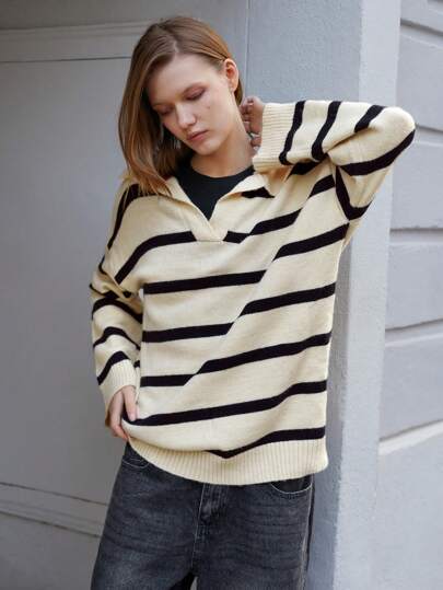 Maija Suéter holgado versátil de casual de color contrastante con rayas en tejido de color albaricoque y negro, de escote en V y mangas de murciélago, para mujer en la temporada temprana de primavera, ideal para festivales