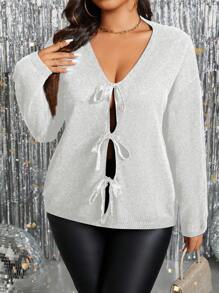 SHEIN Clasi Cárdigan holgado de punto con lazo decorativo, para mujer de talla grande - Blanco - Ver 3