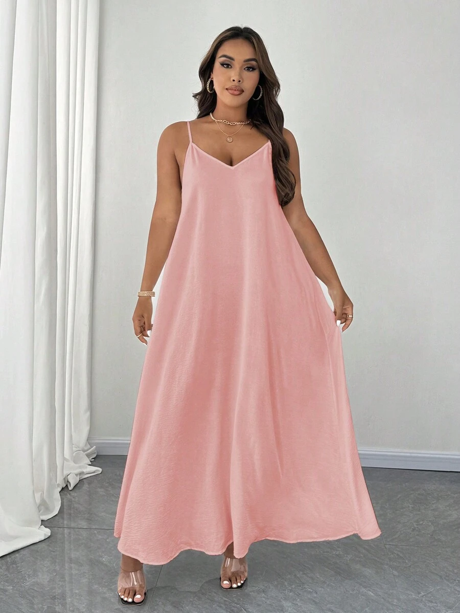 Maweii Plus Size Simple Solid Color Adjustable Strap Long Dress, Casual - Pink - View 1
