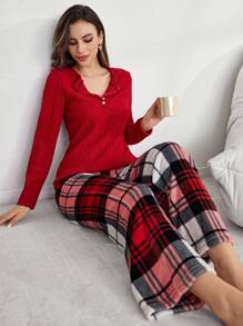 2pcs Solid Color Flannel Button-Up Shirt And Plaid Fleece Pants Women Sleepwear Set - Red - View 5