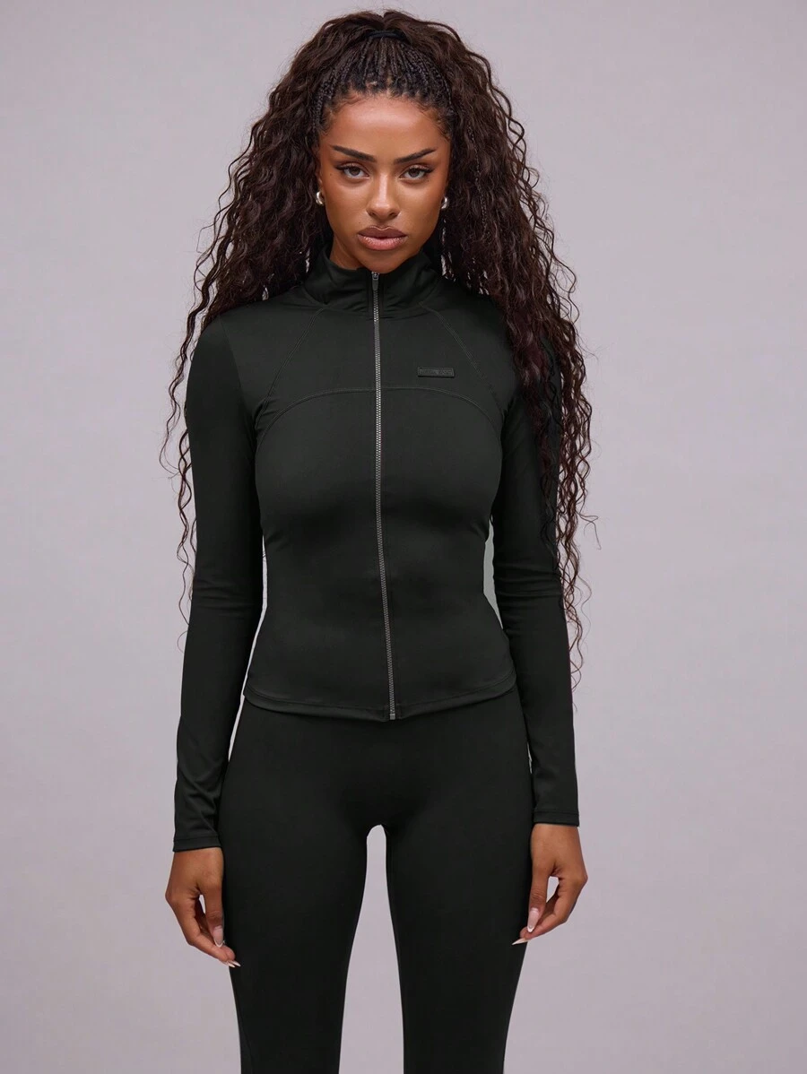 Musera Sport High Neck Full Zip Up Contour Long Sleeve Active-Wear Top Jacket , Padel, Tennis, Pickleball Gym Fitness Fall Winter - Black - View 1