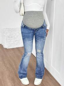 SHEIN Jeans de maternidad acampanados de tela elástica desgarrados en azul para mujeres embarazadas en gris tejidos