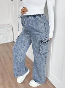 SHEIN Adjustable Elastic Waist Drawstring Blue Denim Loose Maternity Pants - Blue - View 5