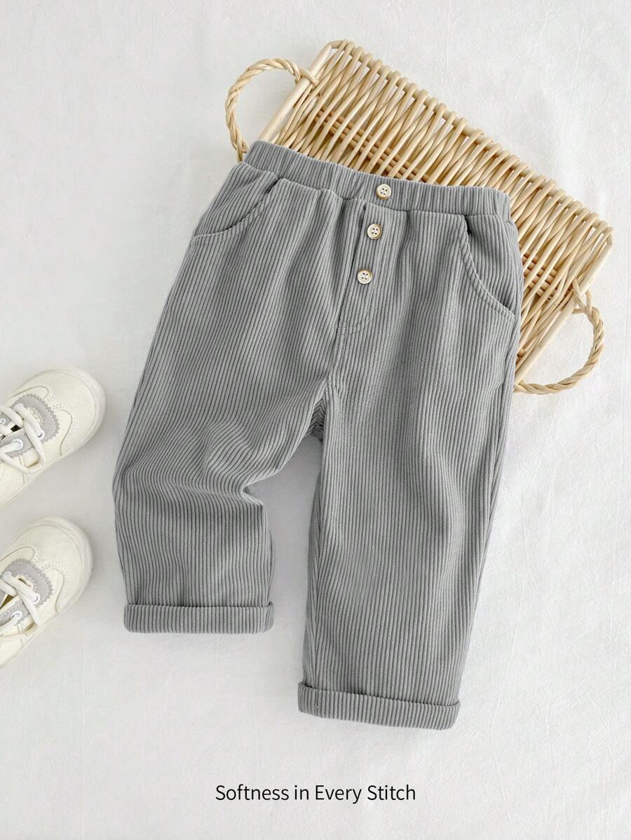 Cozy Pixies Baby Boy Decorative Button Elastic Waist Casual Pants - Grey - View 1