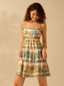CAJUNI Vrouwen Boho Tropische Vogel & Bloemenprint Vakantie Casual Zomer Strand Mouwloos Vetersluiting Rugloos Korte Jurk