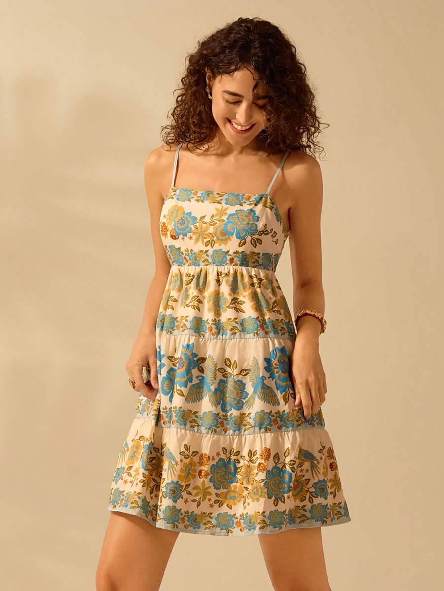 CAJUNI Vrouwen Boho Tropische Vogel & Bloemenprint Vakantie Casual Zomer Strand Mouwloos Vetersluiting Rugloos Korte Jurk