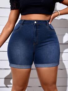 SHEIN SXY 大码休闲高腰修身洗水牛仔短裤