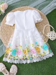 Glamorique Kids Young Girls Elegant Floral Embroidery Mesh Overlay Princess Dress, Square Neck Puff Sleeve, Suitable For Children Summer Party