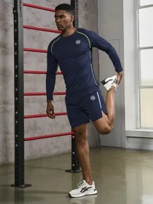 Manfinity Fitness 男式字母印花插肩袖长袖 T 恤和短裤运动服运动套装健身上衣秋季透气