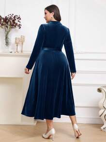 Modelyn Plus Size Elegant Solid Color Double-Breasted Dress Long Evening Dresses - Teal Blue - View 2