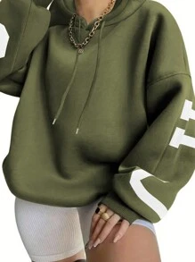 INAWLY Plus Size Loose Fit Letter Print Drop Shoulder Sweatshirt Graduation,Back To School,Teacher Pullover Fall Winter Autumn - Army Green - View 2