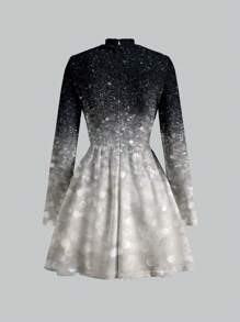 Glamance ORANGE STUDIO 女士黑色短裙长袖立领休闲渐变色、银河、全印花、纯色夏季女装夏季连衣裙女士太阳裙女士度假连衣裙外出 - 黑色 - 查看 2