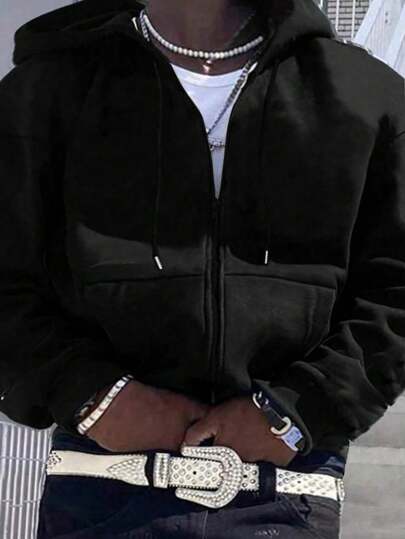 Manfinity Dauomo 大码男士纯色连帽长袖运动衫，休闲抽绳拉链连帽衫，适合秋季