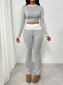 VaVaBold 2pcs Women Solid Crew Neck Long Sleeve Top And Pants Casual Set