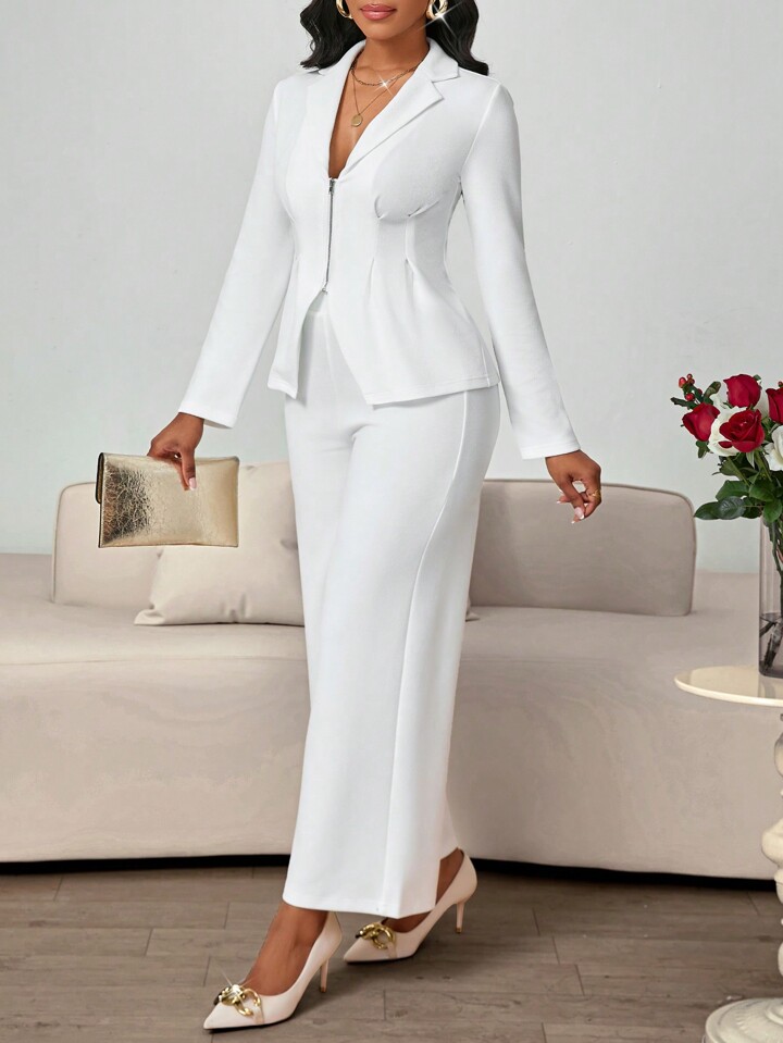 SHEIN Lady 2 Pieces Women's White Solid Lapel Long Sleeve Zip Jacket And Pants Set Valentine's Day