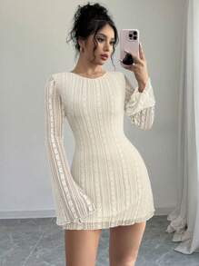 Firerie Đầm ren bó sát cơ thể thời trang lãng mạn thanh lịch cho nữ đi làm gợi cảm thanh lịch, thích hợp cho tiệc tùng, ngày lễ, trở lại trường, hẹn hò lãng mạn, đám cưới, sinh nhật - Tay dài - Màu be - Xem 4